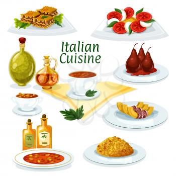 Italian cuisine cartoon icon with lasagna, risotto, pasta soup minestrone, mozzarella, tomato and basil salad caprese, baked pumpkin with bacon, pear dessert with red wine