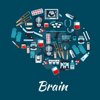 Medical placard background in brain shape. Vector symbols and icons of health care equipment and therapy dentist chair, tonometer, surgery operation table, pills, sonography, stethoscope