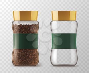 Coffee glass jar with instant coffee granules and empty can. Vector isolated glass coffee jars with brown lid and sticker tag on transparent background for product packaging template
