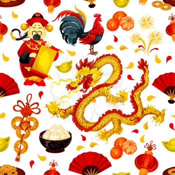 Chinese New Year of Rooster seamless pattern of zodiac cock, red lantern, fortune coin, dragon, mandarin orange, god of wealth with scroll, gold ingot, festive food, firework. Spring Festival design
