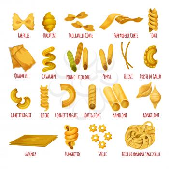 Italian pasta icon set. Spaghetti, macaroni, noodle, penne, ravioli, farfalle, lasagna and cannelloni pasta shapes. Traditional italian cuisine menu, food packaging, cookbook design