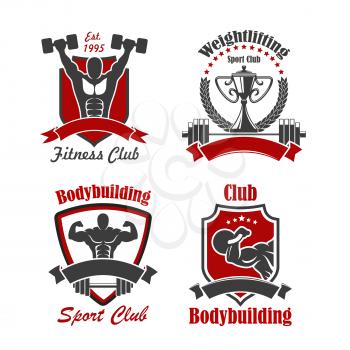 Bodybuilding and weightlifting sport club sign of athlete with dumbbell, barbell, kettlebell and trophy cup, framed by heraldic shield, wreath and ribbon banner with star. Fitness club and gym design