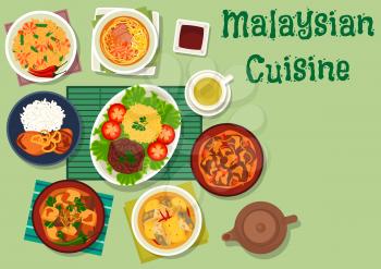 Malaysian cuisine icon of chicken with onion, spicy beef with rice, fish stew with pineapple, noodle soup with shrimp and pork, lamb vegetable stew, beef potato in coconut sauce, shrimp bean rice
