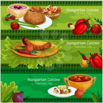 Hungarian cuisine savory dishes banner set. Grilled sausage, meat pepper stew, vegetable salad with egg and salami, onion soup in rye bread bowl, beef goulash, cherry soup with sour cream