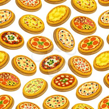 Pizza seamless pattern. Italian cuisine background of vector flat pizza icons. with vegetables, meat, mushrooms, cheese, olive, salami, oregano. Decoration pattern for pizzeria restaurant