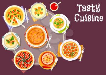 Sweet and savory pastry dishes with soup icon of vegetable meat pie with egg, cheese cake with carrot, cream soup with shrimp, pork, mushroom and corn, berry custard pie, salmon pie