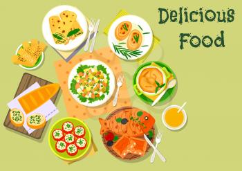 Fish and cheese dinner dishes icon with tomato stuffed with cheese, vegetable salad with salmon, potato casserole, cheese bread stick, fish pie, pancake with pesto sauce, fish cutlet, herring sandwich