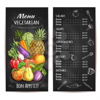Vegetarian menu of vegetables, fruits. Vector chalk sketch price on blackboard. Veggie fresh farm eggplant, cabbage, carrot, asparagus, tomato, pepper. Vegan organic fruits apple, pear, apricot, pinea