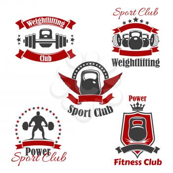 Gym sport club icons for weightlifting or powerlifting. Vector isolated icons set of iron weight barbell or dumbbell, weightlifter athlete, victory wings, crown and ribbons, badge or sign stars for fi