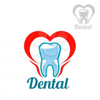 Dentistry white tooth vector icon or isolated emblem with mouth heart symbol. Sign or badge for stomatology dentist office or dental health and care clinic, tooth paste or mouthwash product packaging 