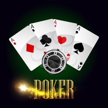Poker gaming cards and casino gambling chips vector poster with lucky winner combination of aces or spades, red hearts, diamonds and black clubs suits, round game bet tokens and gold glittering light