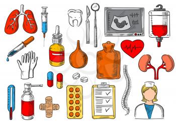 Medicines and treatment tools and items. Vector sketch isolated icons of medical pills, human organs lungs, heart and kidney, blood dropper, enema syringe and spray, ultrasound and spine bones, thermo