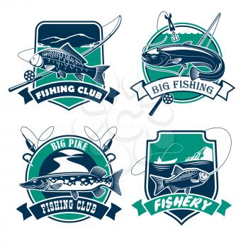 Fishing icons set. Fisherman club or fishery industry vector isolated badges and emblems with fish catch of carp, sheatfish on hook, fishing rods and baits with pike and crucian. Blue and green marine