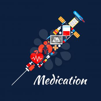 Medicine items and tools in shape of syringe. Vector poster of medication drugs and pills capsules, ultrasonography, blood dropper, tooth, human organs kidney and lungs, heart pulse, medical thermomet
