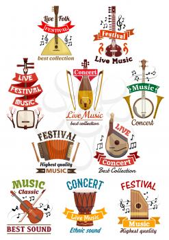 Musical instruments icons. Balalaika, oriental koto or biwa, banjo, lute, harmonica accordion, flute and violin, music note clef, ethnic drum, bandura, lute and zither. Vector isolated badges, emblems