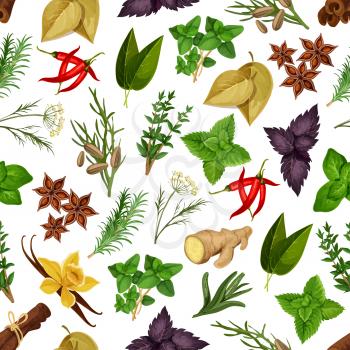 Spicy herbs and herbal spices vector seamless pattern of seasonings cinnamon, dill, anise and oregano, ginger and vanilla with mint, cumin and chili pepper, tarragon, red and green basil, sage and bay