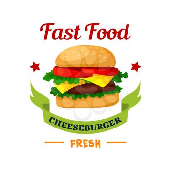 Cheeseburger icon. Fast Food burger emblem. Hamburger with meat cutlet, fresh buns, cheese and lettuce. Vector isolated fast food meal symbol with ribbon with stars for fast food sign or takeaway menu
