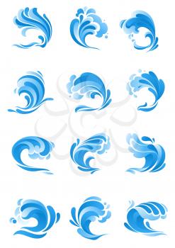 Waves icons. Vector isolated symbols of ocean or sea blue water wave in form of splashes, stormy curling sea waves, tide water rollers, foamy stormy curls, wavy flows with surfing gales for badges or 
