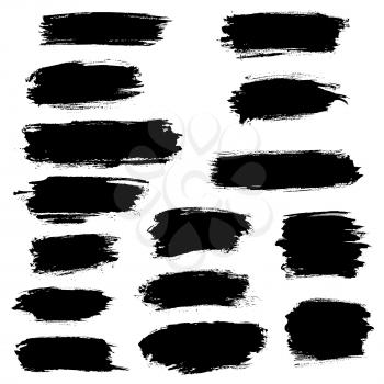 Vector black paint brush strokes, highlighter lines or felt-tip pen marker horizontal blobs. Marker pen or watercolor isolated lines or brushstrokes and dashes. Ink smudge abstract shape stains and sm