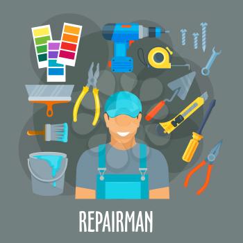 Repairman, painter or finisher worker man in uniform with painting, finishing or home repair work tools or items electric drill, trowel, pliers, paint brush roll and bucket, tape measure ruler, screwd