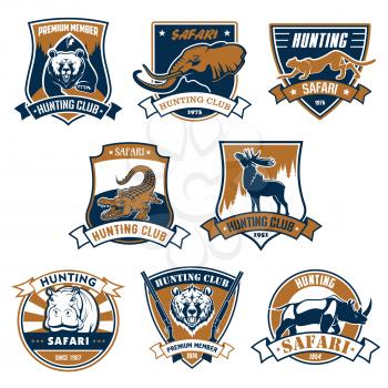 Hunting club emblems set. Icons and ribbons with wild and african safari animals animals grizzly bear, elephant, panther, crocodile alligator, elk or deer, hippopotamus and rhinoceros. Vector signs or