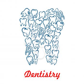 Stomatology and dentistry poster with tooth shape designed of human teeth. Vector symbol of healthy white tooth for dentist, stomatologist clinic, odontology health center or tooth paste design