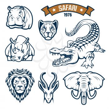 Hunting club emblems. African safari hunt animals vector isolated icons of lion, cheetah panther or leopard, antelope, alligator crocodile, elephant, hippopotamus and rhinoceros. Vector signs, badges 