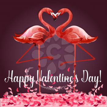 Love and Valentine Day card. Romantic pink flamingo birds join heads to create a heart. Greeting card with love birds and rose flower petals. Festive poster for Valentine Day design