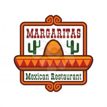 Mexican cuisine emblem. Vector isolated icon or badge of traditional mexican sombrero hat, agave or cactus peyote. Sign for Mexico fast food of tacos and burritos snacks, tequila drink bar or authenti