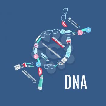 Dentistry and ophthalmology medical items in symbol of DNA helix. Vector tools of dentist and ophthalmologist orthodontic tooth braces, eye drops, glasses lenses and examination test, mouth mirror and