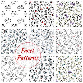 Set of cartoon faces expression seamless pattern background. Smiling facial emotions or emoticon like laugh and joy, sad mouth or cheerful eyebrow, scared or joyful, anger or wondering emotion. Carica
