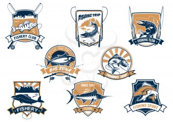 Sport fish isolated icons with rods. Sea bluefin banner and tuna symbol, freshwater finfish sign, river luce or pike and spinning with bait bait and bobbin. Fisherman club equipment or badge, sport or