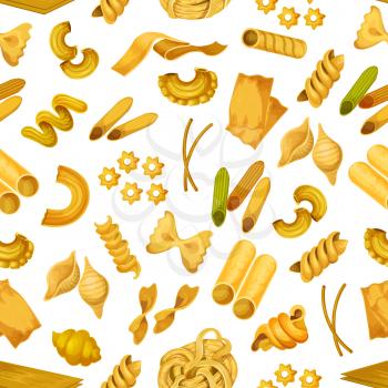 Italian pasta seamless pattern background. Macaroni like torti and quadretti, bucatini and tricolore, konkiloni and cannelloni, kanelone and farfalle, lazania and funghetto, stelle and nidi di rondine