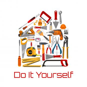 Repair and building tools or instruments on banner. Hammer and nails, paint brush and ruler, screwdriver and saw, spanner and jointer or plane, shovel and trowel, pliers and roller. House construction