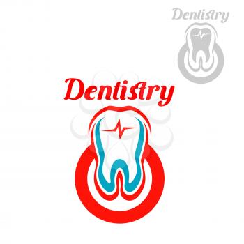 Dentistry emblem with vector symbols of white tooth with red circle and heart pulse. Isolated icon for dentist, stomatology clinic or dental surgeon. Sign of healthy tooth and gum for tooth paste or h