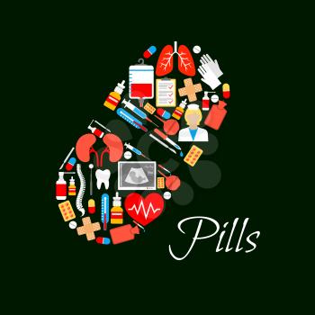 Pill capsule symbol or vector poster designed of medical items, healthcare medicine drugs, syringe, doctor instruments heart, lungs and kidney human organs, spine bones and tooth, ultrasound display, 