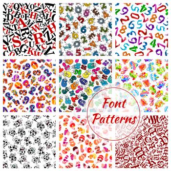 Font letters and numbers vector seamless patterns set. ABC alphabet of fairy cartoon and gothic writing symbols of sport balls, origami, birthday numerals of desserts and digits character. Red, green 