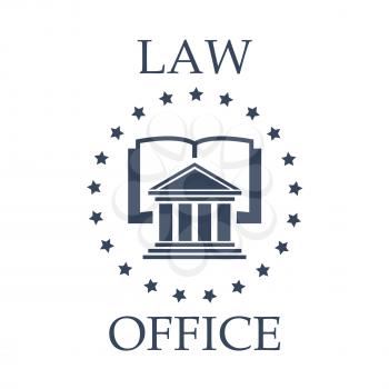 Juridical or law icon for advocate or lawyer office. Vector emblem of advocacy or legal company. Badge with symbol of roman atrium, code book or lawbook and stars wreath for attorney or notray barrist