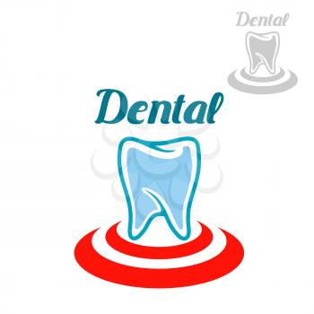 Dental icon or emblem with vector symbol of white tooth on red circle. Isolated sign or badge for tooth paste, mouthwash or dental floss treatment product packaging design, dentist clinic, stomatology