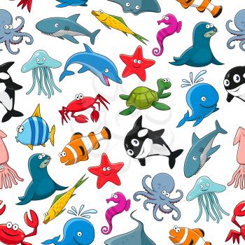 Seamless pattern of vector cartoon sea fish and ocean animals lobster crab, octopus, stingray and penguin, turtle, clown fish or flounder and tropical butterfly fish, starfish and seahorse, squid and 
