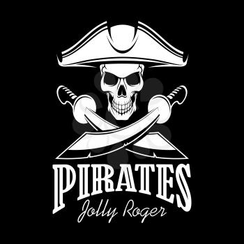 Pirates black flag poster. Symbol of Jolly Roger skeleton skull in tricorn or tricorne captain pirate hat and crossed swords or sabers. Vector design for entertainment party decor, alcohol drink bar o