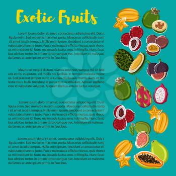 Fruit nutrition facts poster with information on exotic tropical fruits. Vector carambola, figs, grapefruit and lichee, tamarillo and durian, dragonfruit and passionfruit, papaya and feijoa, mangostee