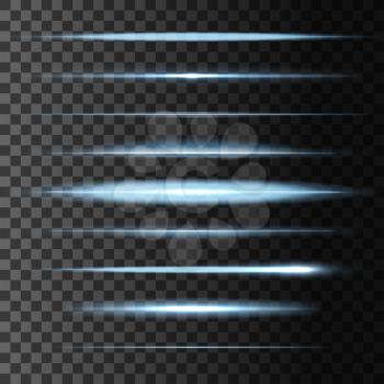 Glowing light flashes and abstract luminous blur horizontal lights lines. Vector set of linear glow stripes effect. Blue and white neon comet, sun or starlight beams and rays burst and sparkles on tra