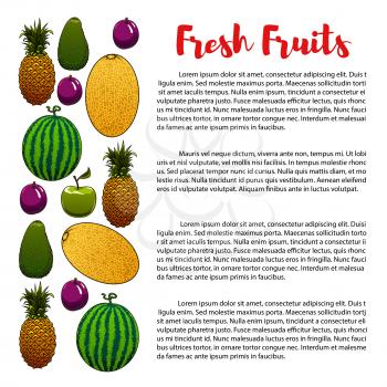 Fruits banner or poster with information on fruits nutrition with pineapple, melon and watermelon, exotic tropical avocado or pear, apple and plum. Vector fresh farm organic ripe fruit agriculture har