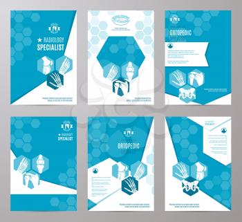 Orthopedic and radiology clinical specialist card template. Medical banner with leg, hand, foot, knee, shoulder, pelvis joints and bones on abstract geometric background with text layout