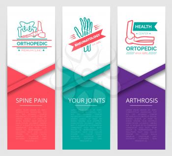 Medical diagnostic clinic banner template. Orthopedics and rheumatology health center symbols with hand, foot, pelvis and shoulder joints. Back pain, arthrosis and joint disease therapy design