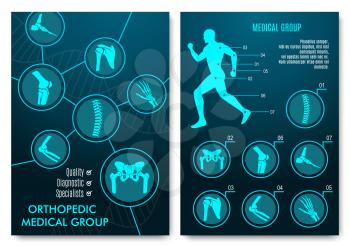 Medical infographic with orthopedic anatomy charts. Human silhouette in motion with marked spine, pelvis, knee, foot, shoulder, elbow, hand bones and joints. Orthopedics medical group design