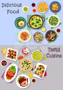 Healthy food icon set with vegetable and fruit salads with egg, duck and crab, baked meat and fruit with cheese, rice dishes with fish, lamb, veggies, cucumber soup, fried egg with chilli, veggies pie