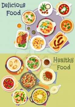 Tasty snacks icon set of noodles with mushroom and beef, fish vegetable and meat stews, sausages with cabbage salad, fried egg and cheese, shrimp pasta salad, cheese fondue, chicken soup, savory pies