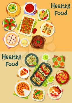 Healthy food icon set with vegetable, meat and fish stew and soup, fried egg with bacon and sausage, squid and veggies salads, meat tortilla with guacamole sauce, chilli chicken, corn cake, potato pie